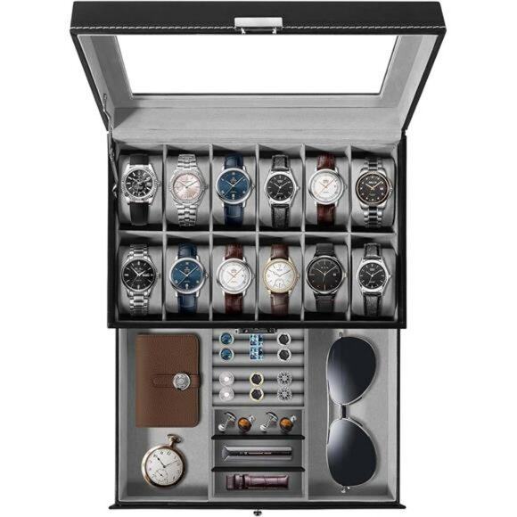 Watch box organizer with jewelry drawer 12 slot PU leather display case - Picture 1 of 7